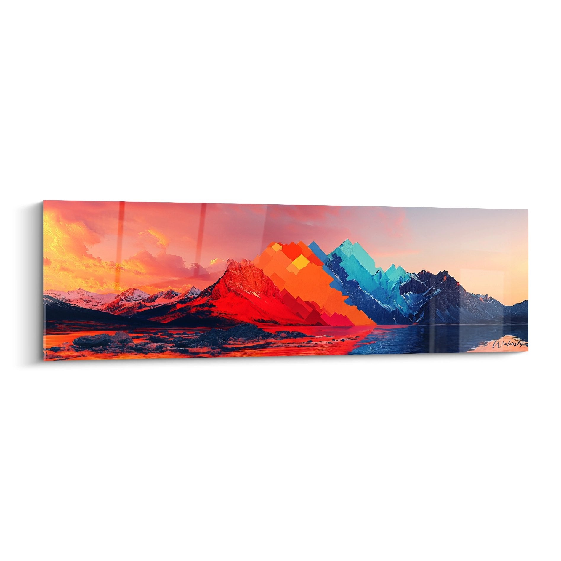 Tableau mural montagne pixelisée avec effet digital, paysage abstrait aux couleurs chaudes et froides