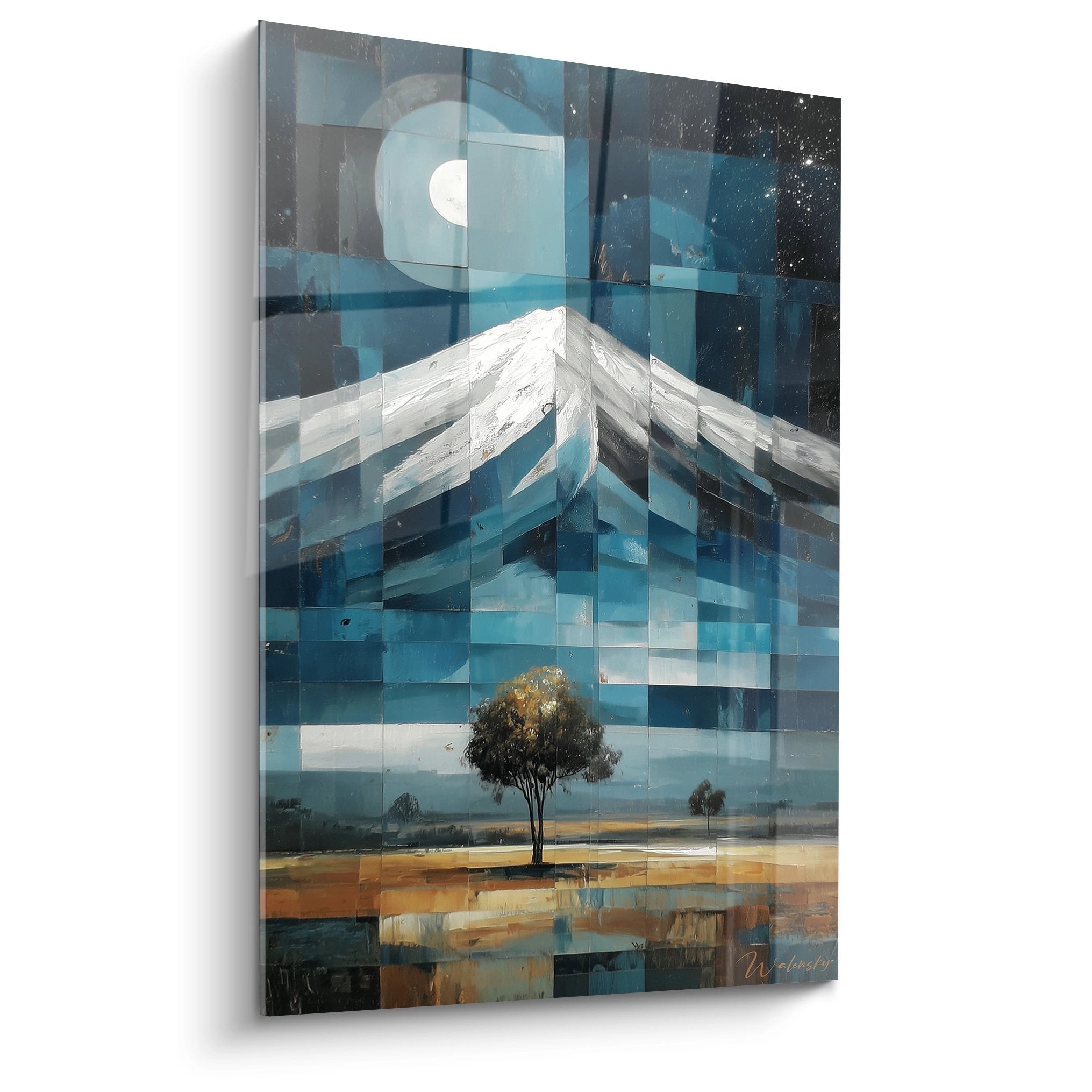 Tableau montagne pixellisé style mosaïque avec sommet enneigé et arbre solitaire sur fond étoilé
