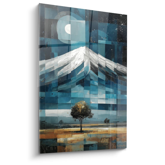 Quadro montagna pixelato stile mosaico con vetta innevata e albero solitario su sfondo stellato