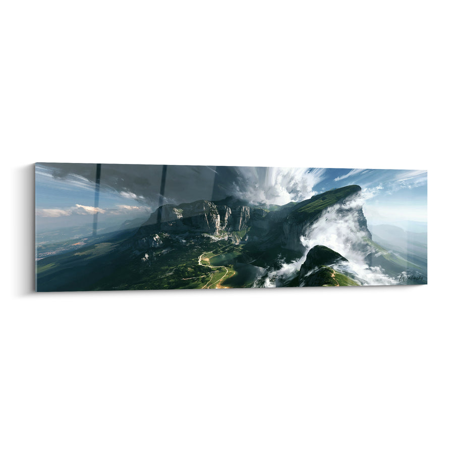 Tableau Plateau rocheux vert et gris cerné de nuages - Vue panoramique aérienne - Edition Montagne
