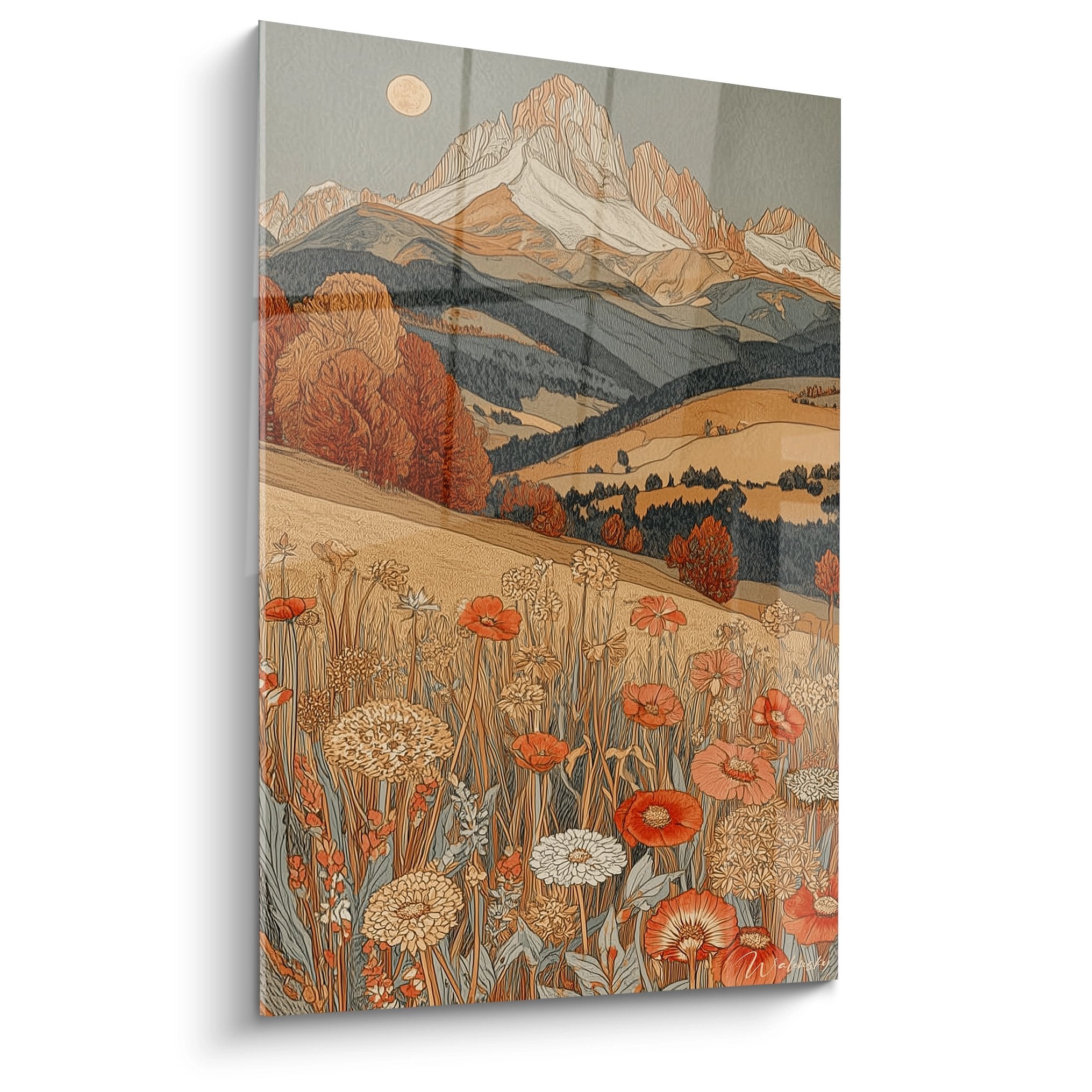 Tableau montagne avec prairie fleurie et sommets enneigés, art mural nature coloré