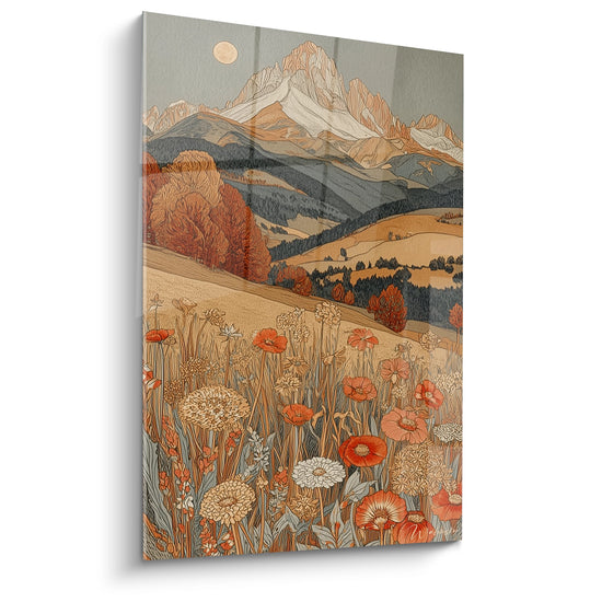 Quadro montagna con prato fiorito e vette innevate, arte murale natura colorata