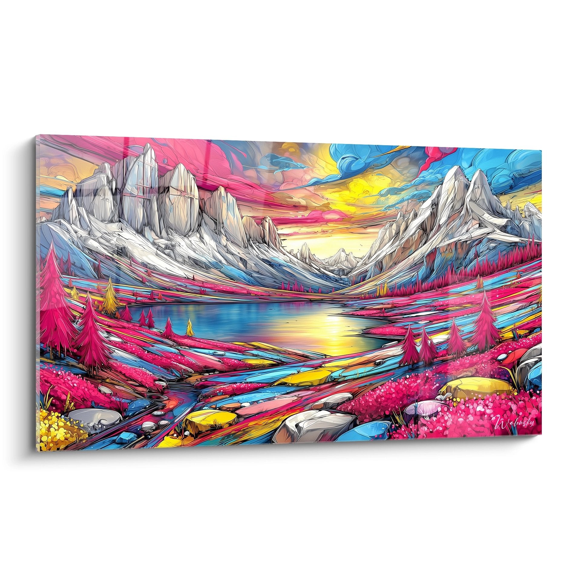 Tableau montagne psychédélique coloré vallée alpine art mural décoratif moderne