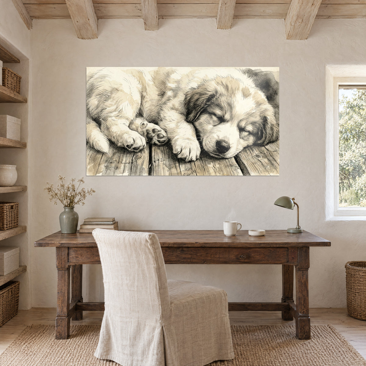 Wall art portrait of a peaceful puppy, eyes closed, ivory and sepia coat, above an oak desk with a green lamp and window