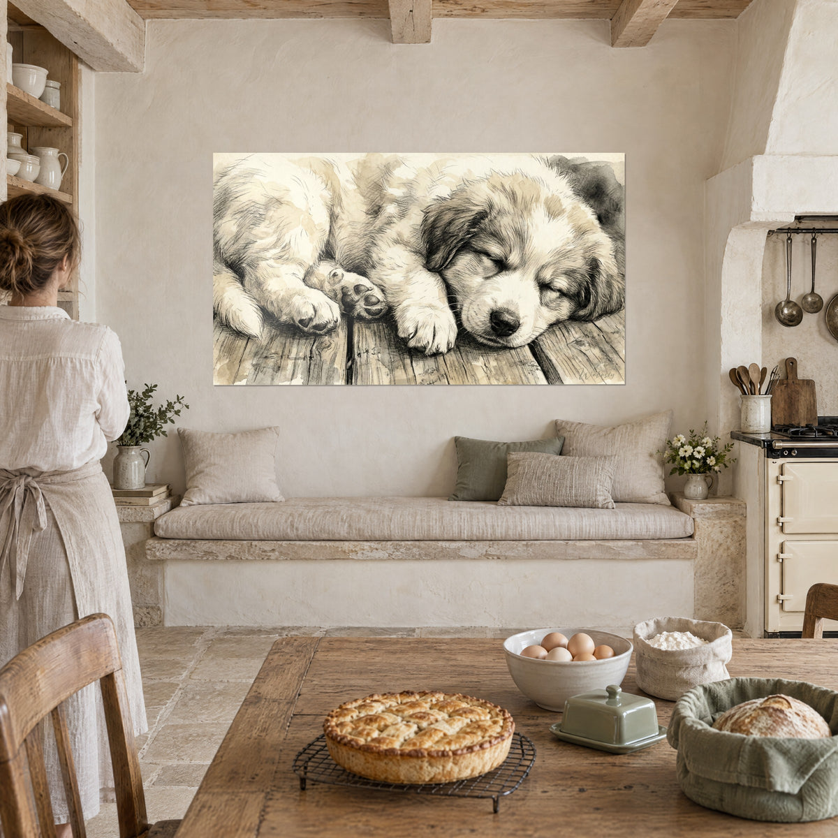 Wall art sleeping white ball of fur, brown shadows and beige planks, hung above a rustic kitchen bench, woman in a linen apron