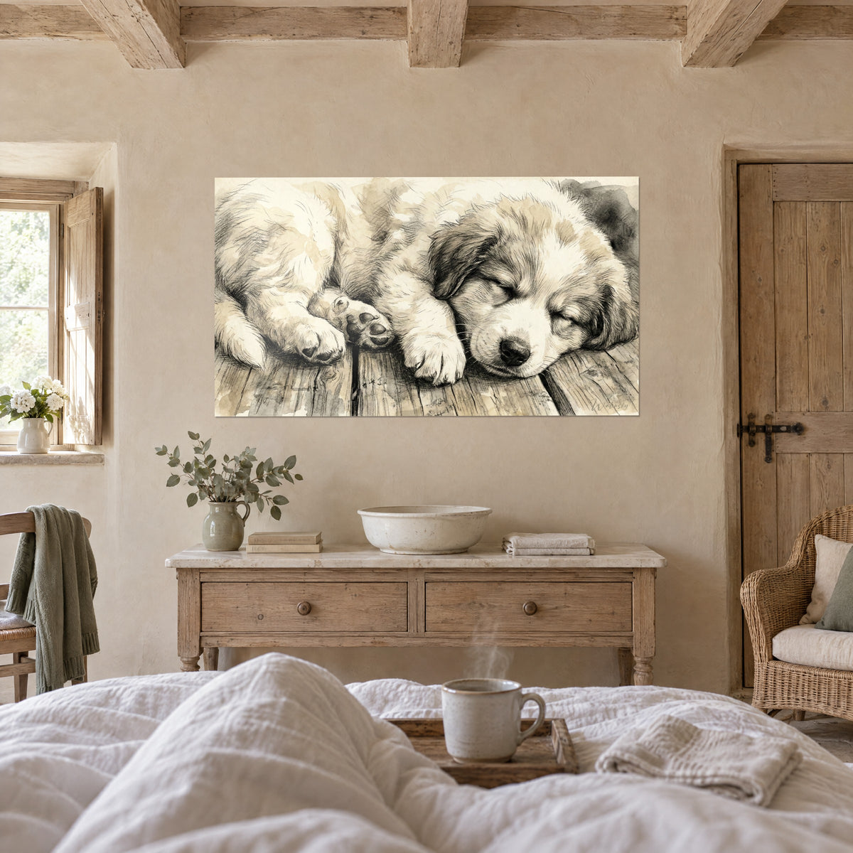 Wall art young Pyrenean Mountain Dog sleeping in brown ink, cream coat, facing a woman seated on a white bed, above the bed in a bright bedroom