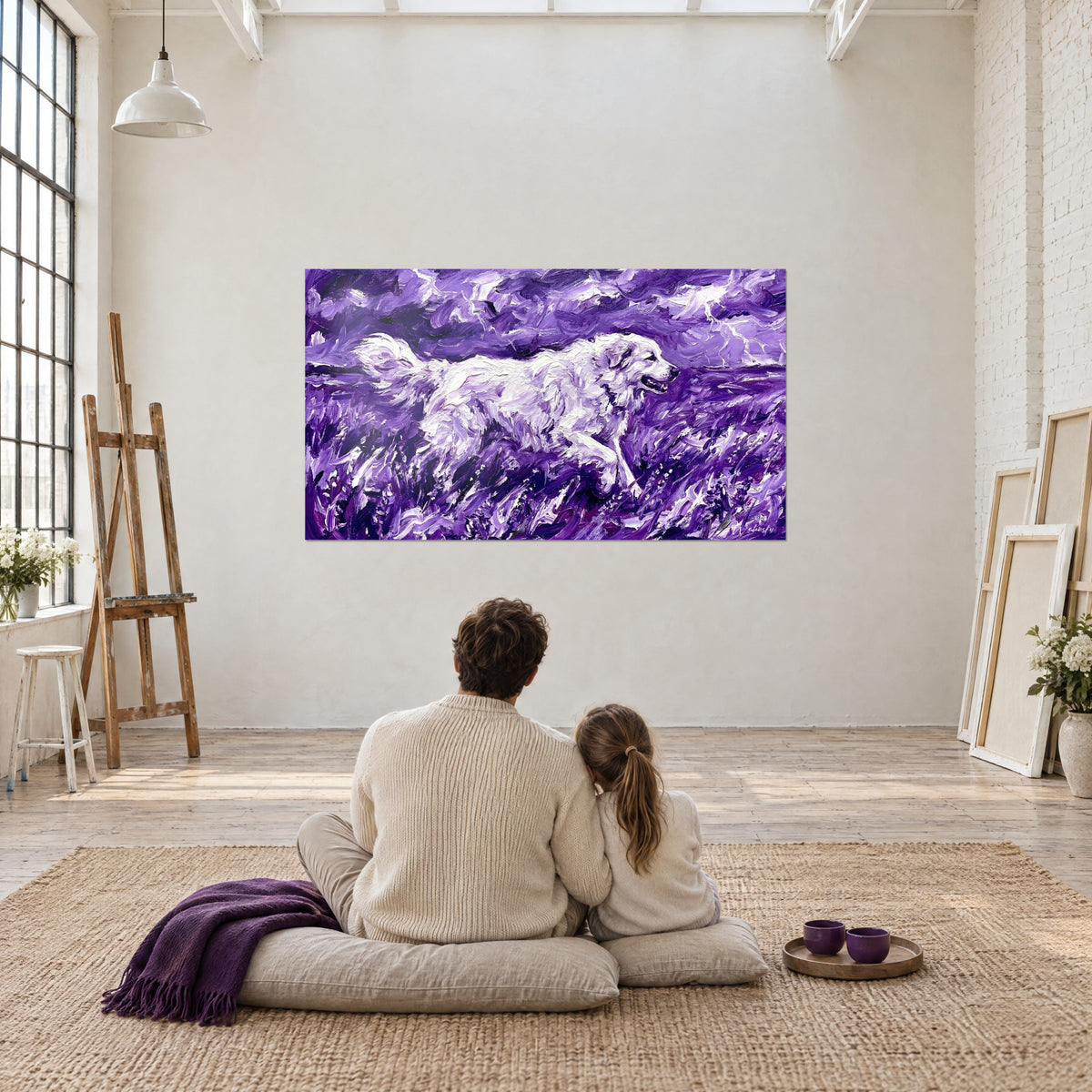 Cuadro perro de montaña lanudo blanco en un viento de lavanda violeta, cielo eléctrico, frente a una pareja sentada en una alfombra