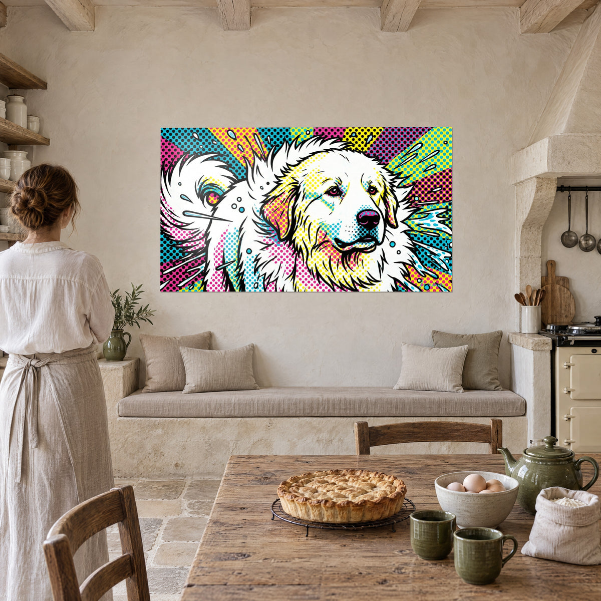 Gemälde großer weißer Hund, mit Wasser bespritzt, dicke schwarze Konturen, rosa und gelbe Flecken, rustikale Steinküche