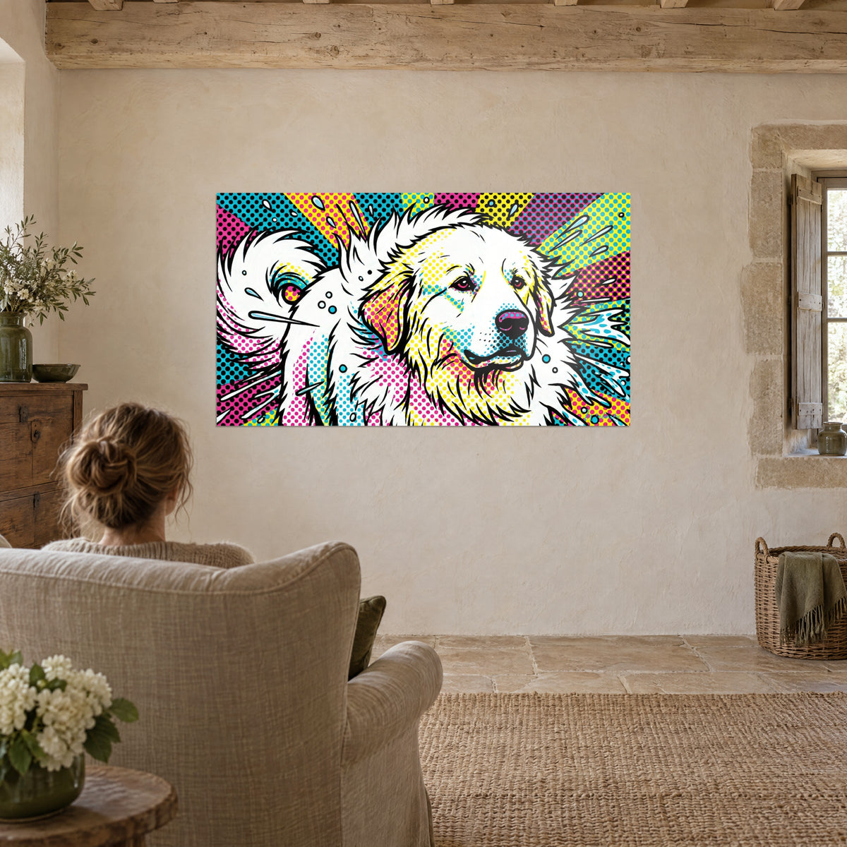 Gemälde Berghund im lebendigen Pop-Art-Stil, weißes Fell von Schwarz umrandet, Rosa und Türkis, rustikales Wohnzimmer mit Steinwand