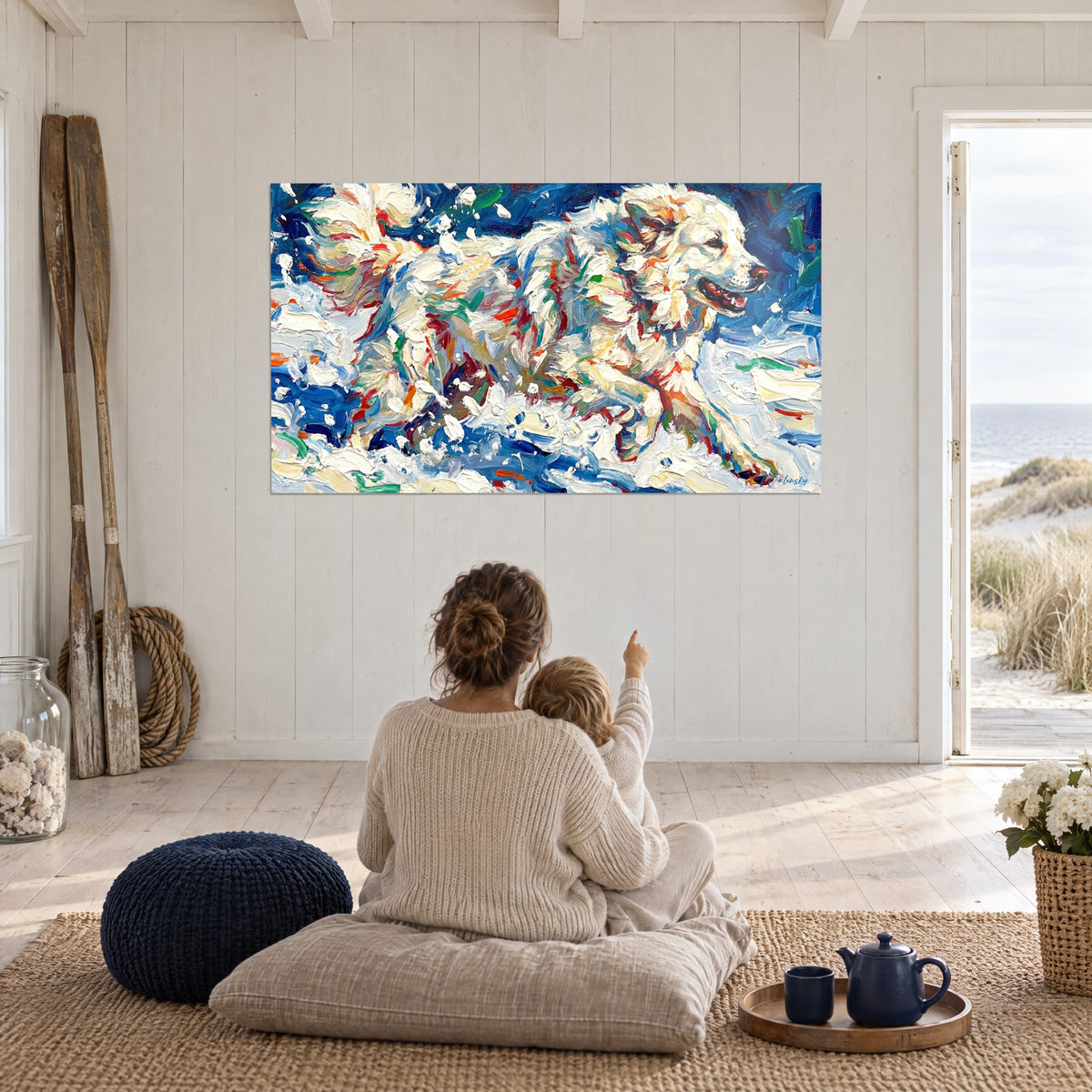 Tableau grand chien blanc lancé dans la neige, empâtements orange, bleu et crème, face à une mère et son enfant assis au sol