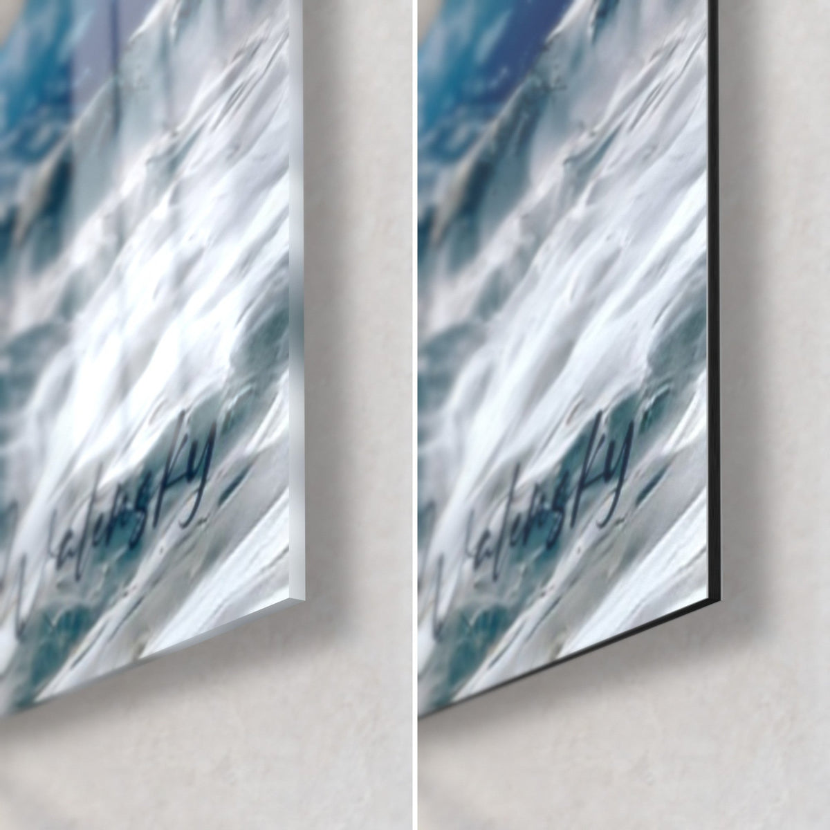 Gemälde Vereiste Gipfel in mauvefarbenen Wolken, untere rechte Ecke: glänzendes Acrylglas links, mattes schwarzes Dibond rechts, 3 mm Kante