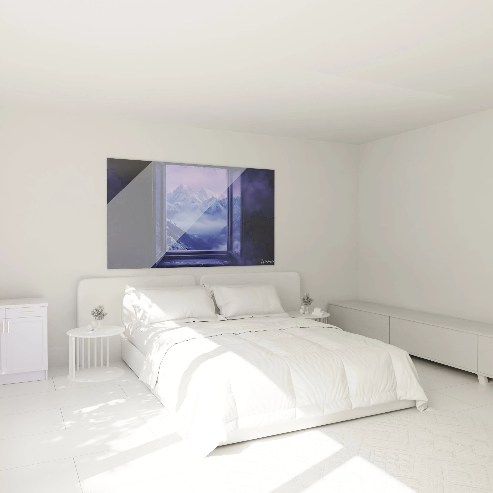 Tableau trompe l'oeil Walensky représentant une fenêtre ouverte avec vue sur montagnes enneigées dans une chambre blanche moderne