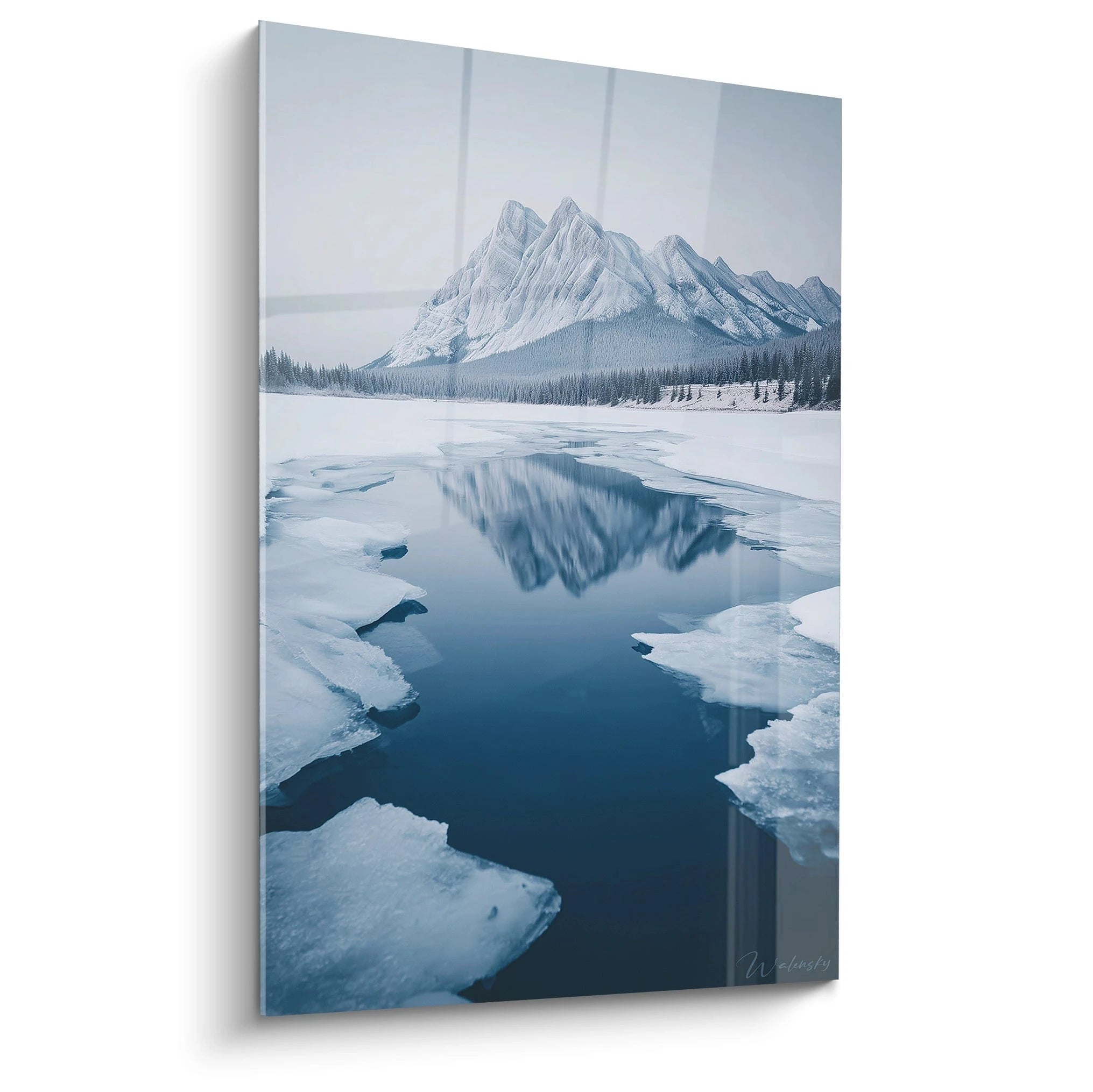 Tableau mural Walensky tableau montagne hiver avec montagnes enneigées et reflet sur lac gelé