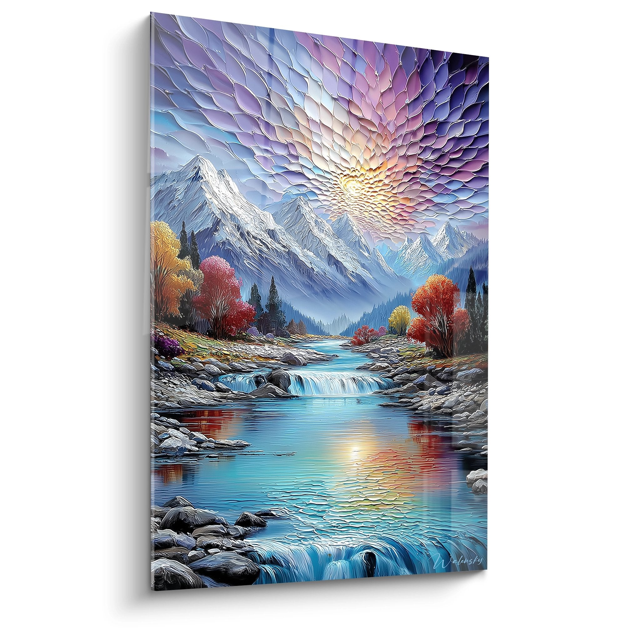 Tableau paysage montagne avec rivière et ciel texturé, sommets enneigés et végétation automnale colorée