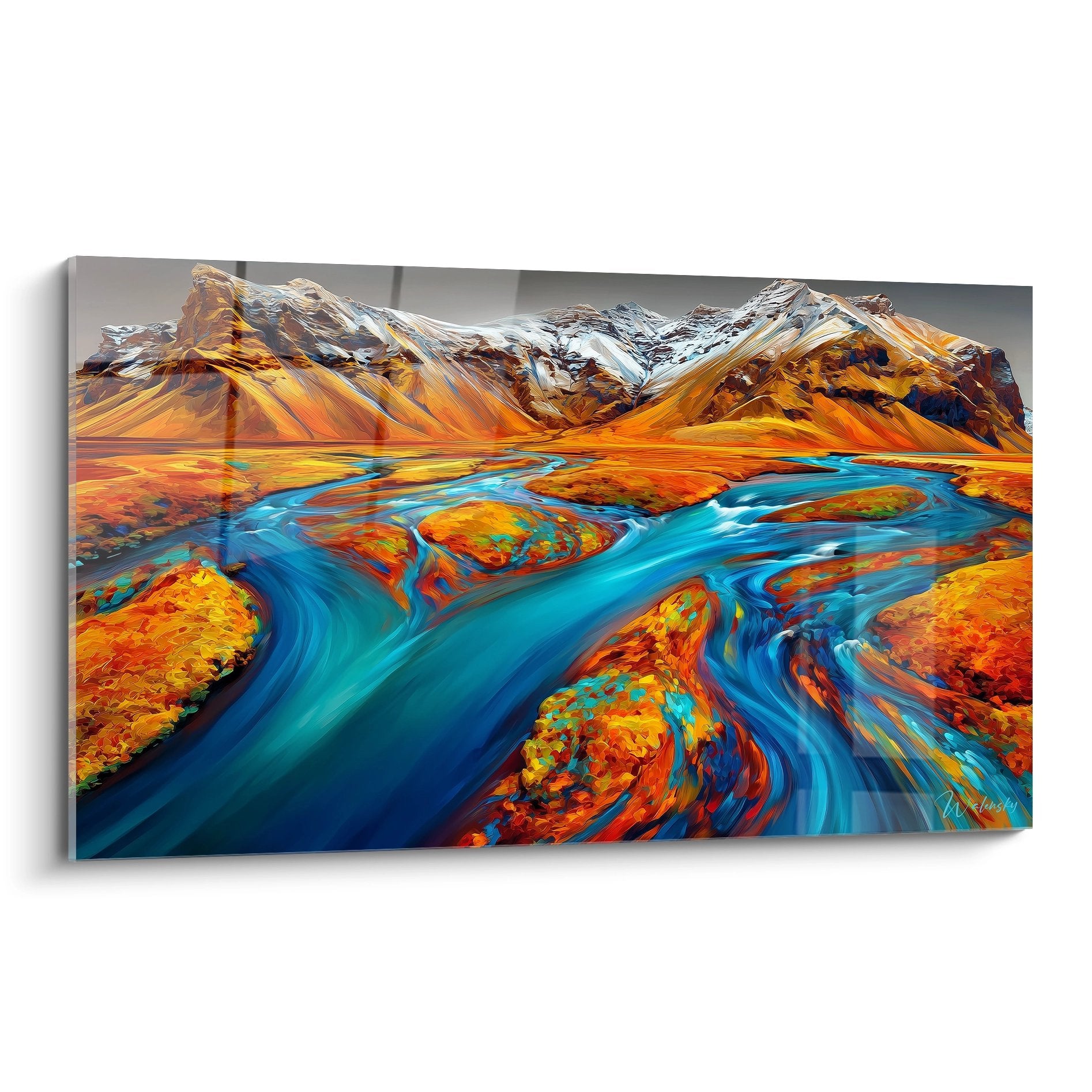 Tableau mural montagne avec rivières turquoise serpentant dans paysage doré et sommets enneigés