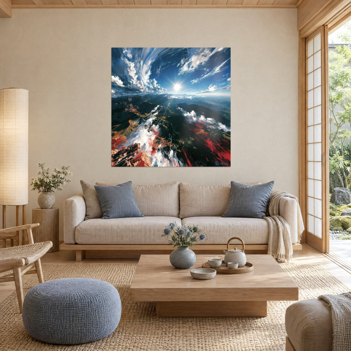 Wall art snow-capped peaks seen from above under a dazzling sun, swirling blue sky and red accents, above a sofa in a bright living room