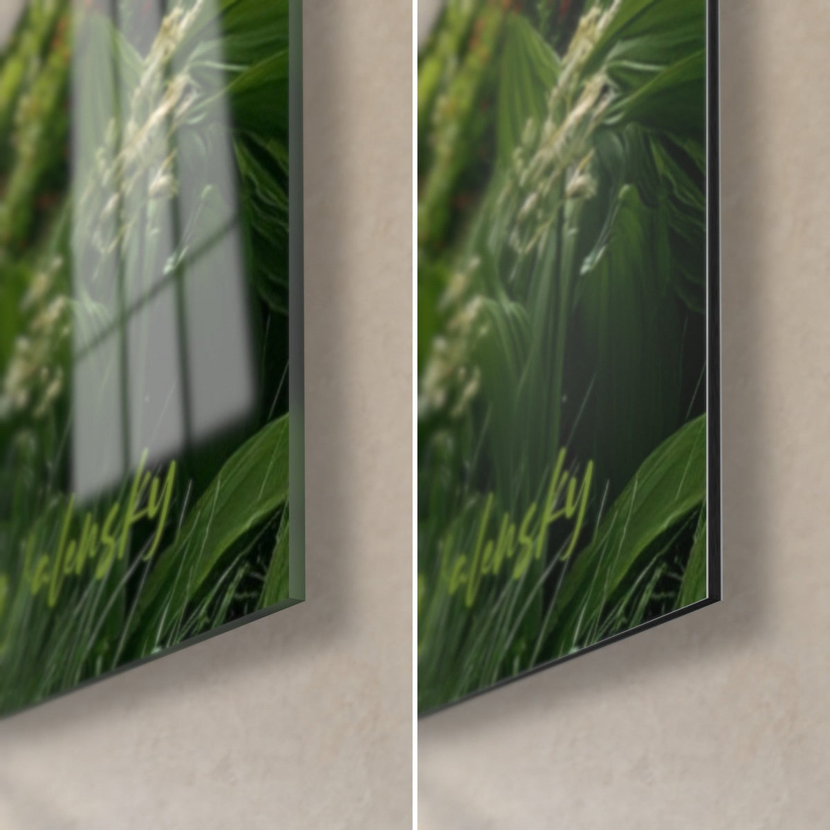 Tableau herbes vertes en gros plan, coin bas droit : verre brillant reflétant la fenêtre, alu Dibond noir mat, tranche de 3 mm