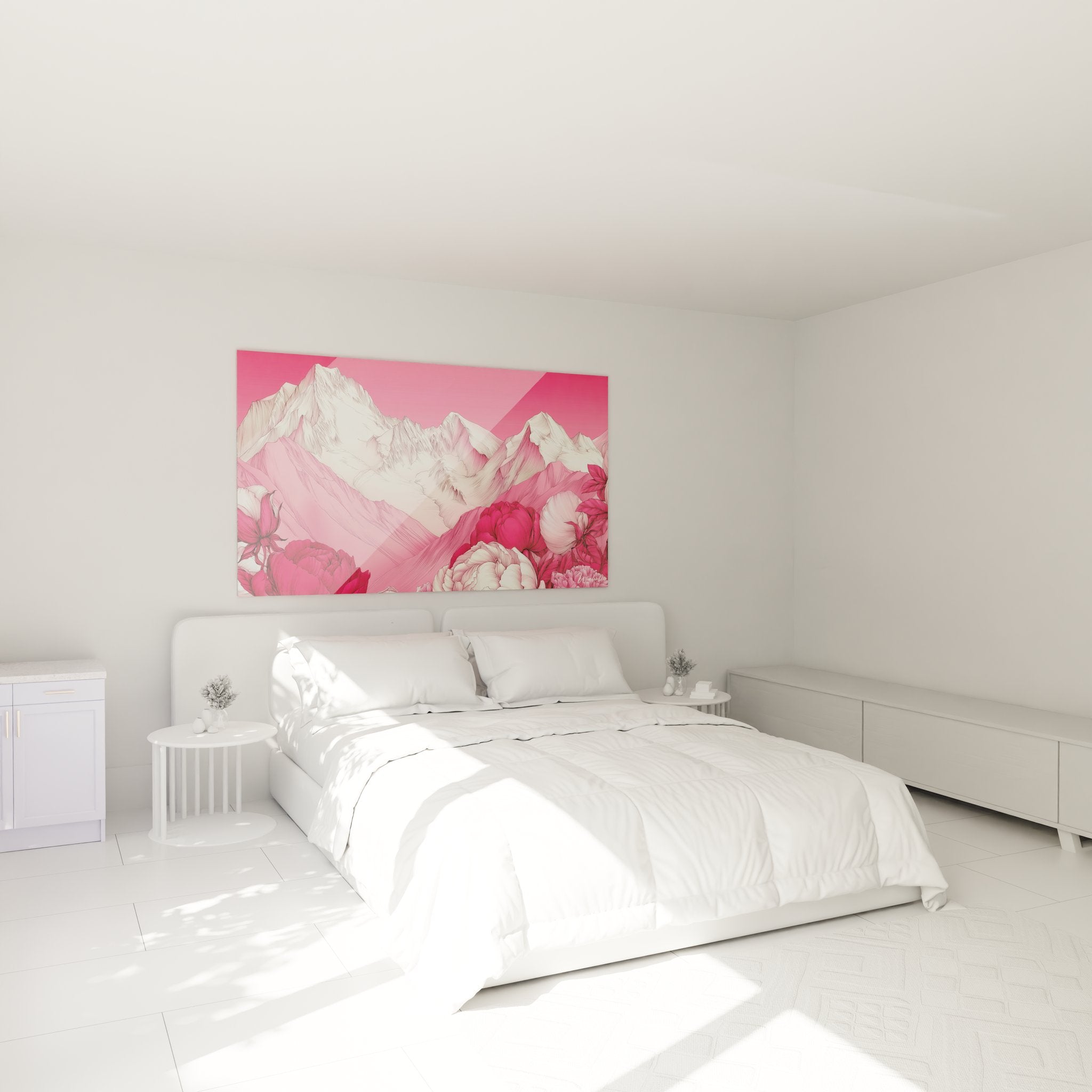 Tableau montagne rose fleurs dans chambre moderne, décoration murale contemporaine