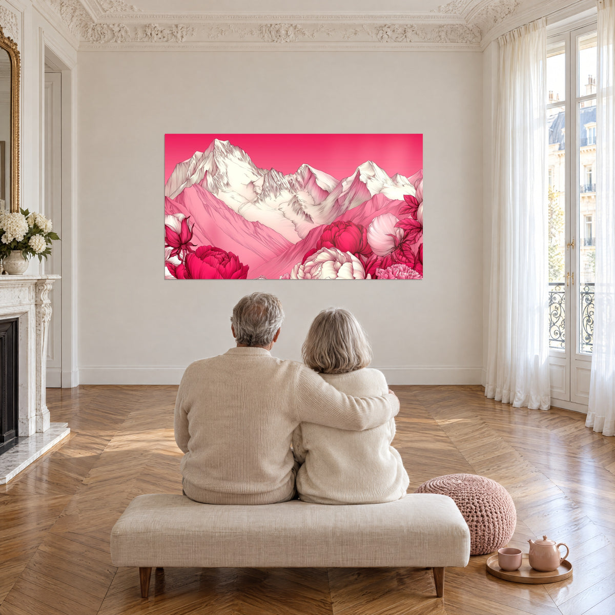 Cuadro panorámica de glaciares blancos sobre fondo fucsia, grandes peonías rojas abajo, frente a una pareja sentada en un salón