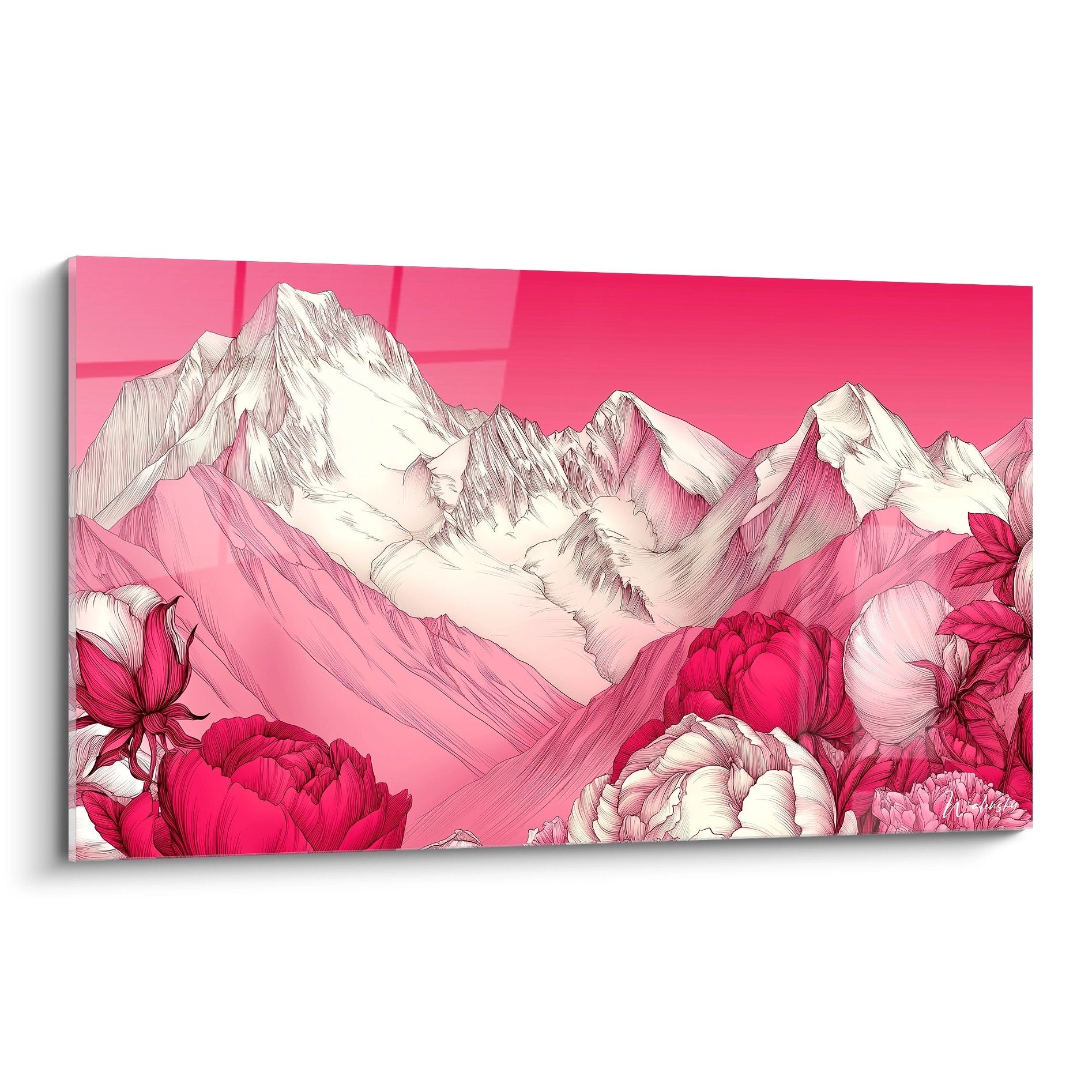 Tableau mural montagne rose avec fleurs tropicales, décoration murale nature tons roses