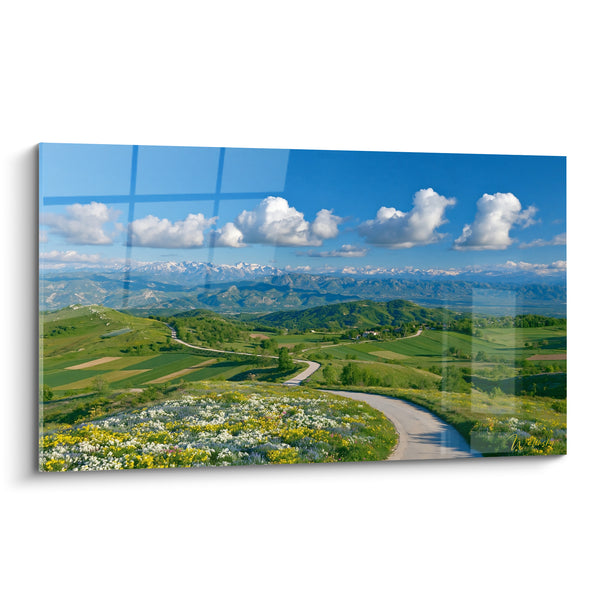 Tableau Route sinueuse vert et bleu sur collines fleuries - Chemin vers l'horizon - Edition Montagne