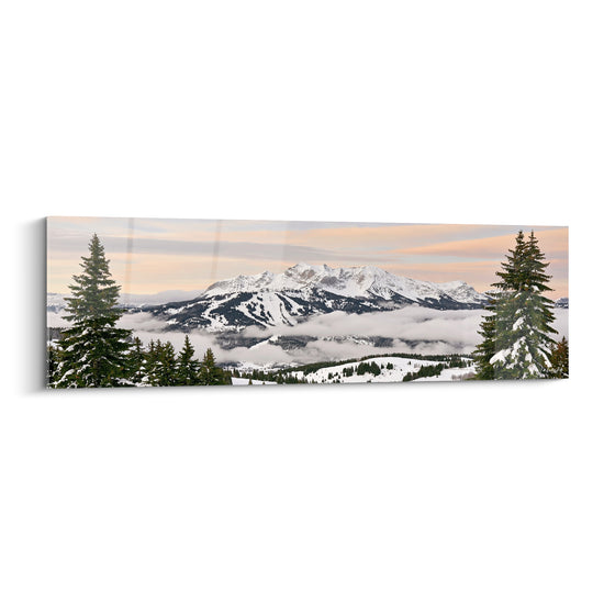 Tableau Sapins verts et blancs encadrant massif enneigé - Aurore pastel alpine - Edition Montagne