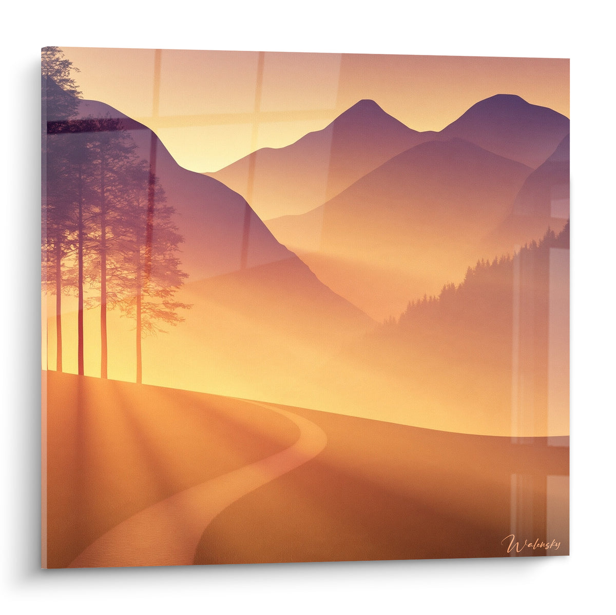 Schilderij mauve berg en okerkleurig pad in de schemering, boomsilhouetten en gouden licht dat vervaagt