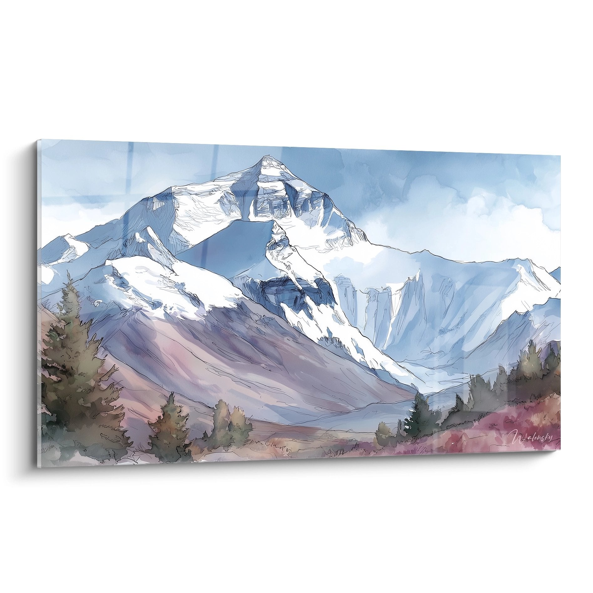 Tableau montagne aquarelle sommet enneigé himalayen avec glaciers et collines violettes