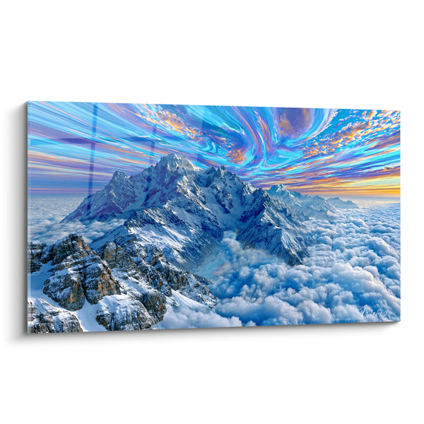 Tableau Sommet enneigé bleu et orange sous ciel tourbillonnant - Mer de nuages - Edition Montagne