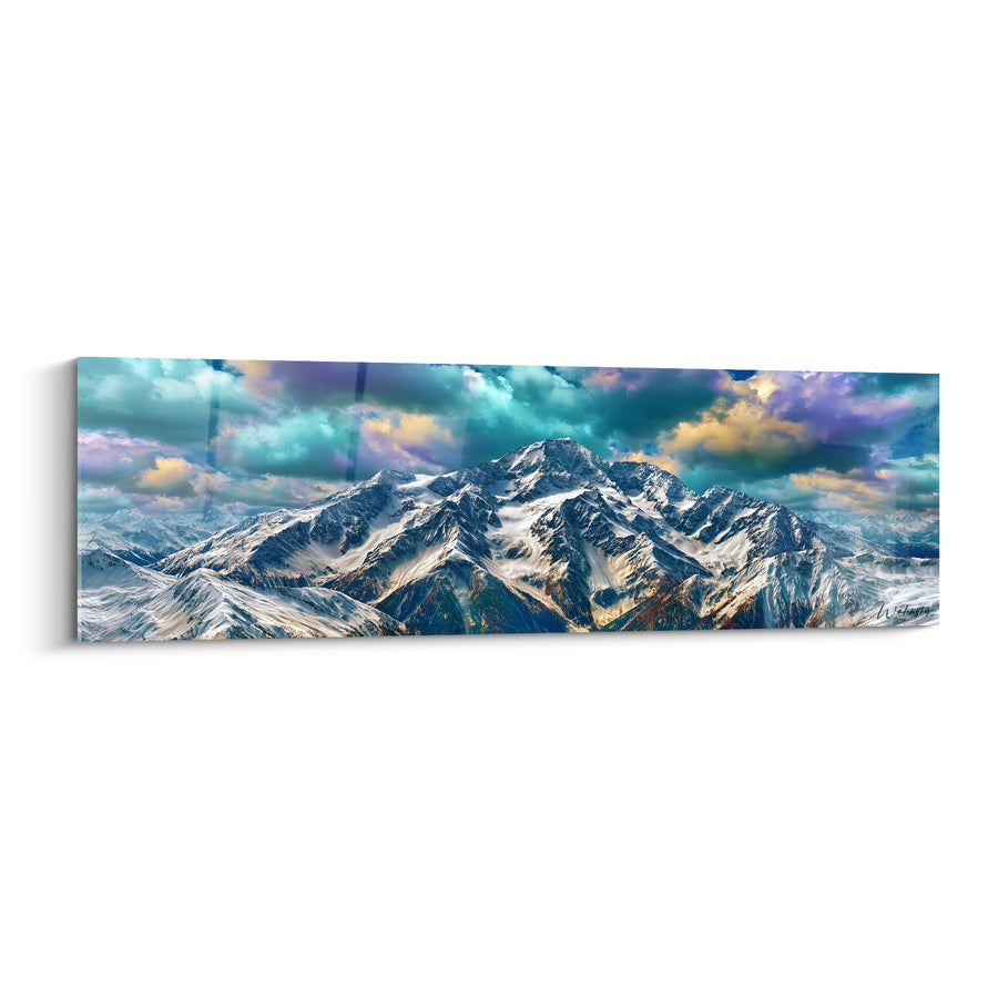 Tableau Sommet enneigé aux nuages turquoise et mauves - Panorama nuageux large - Edition Montagne