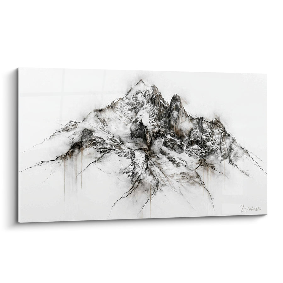 Black and White Summit Painting with Ink Bleeds - Mineral Sketch Isolated - Mountain Edition