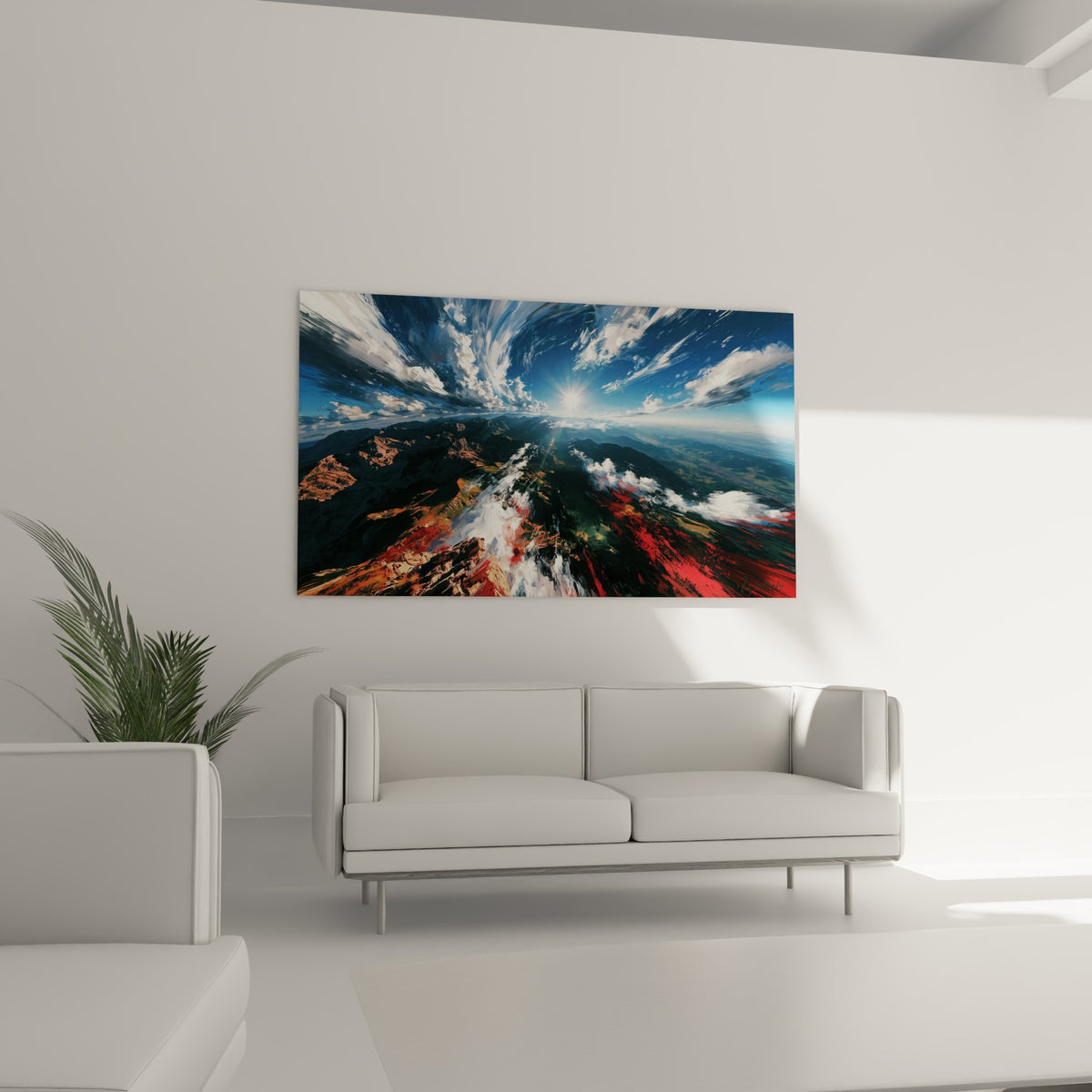 Sommet rocheux fauve sous ciel bleu marine strié de nuages, au-dessus d'un canapé dans un salon lumineux