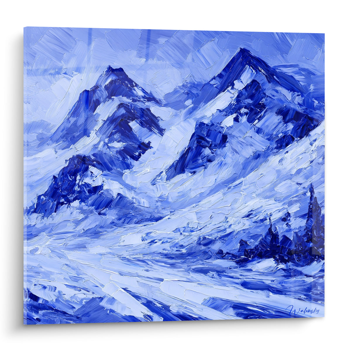 Sommets alpins en bleu marine et blanc givré, peints au couteau avec un relief marqué et texturé