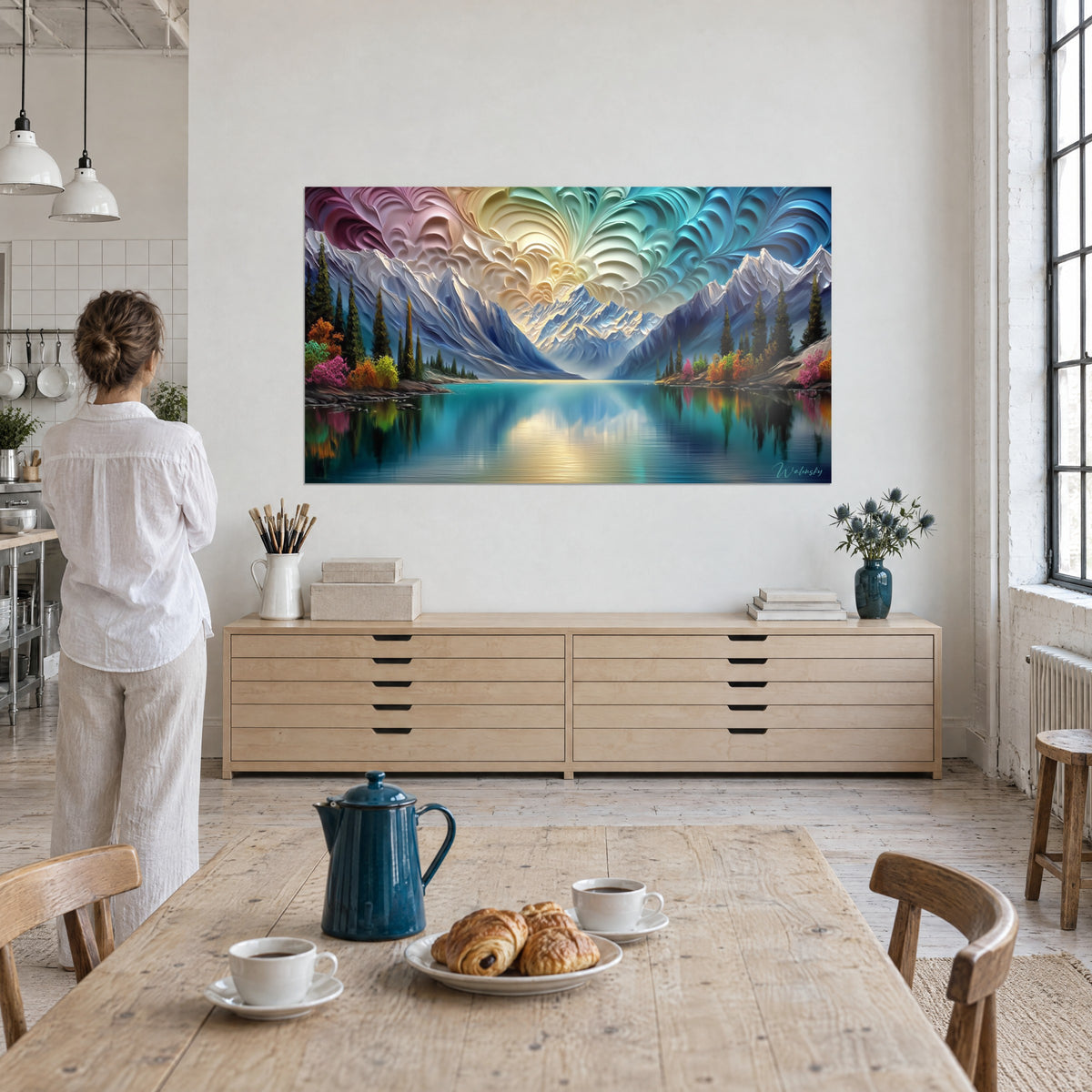 Tableau cimes enneigées en empâtements bleu et ivoire, eau miroir turquoise et dorée, femme de dos, buffet en bois et loft lumineux