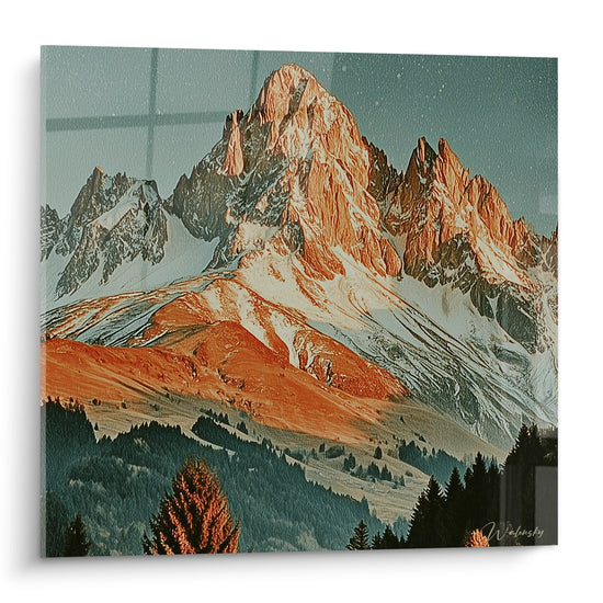 Mountain wall art depicting snowy peaks bathed in golden alpenglow light with alpine valley