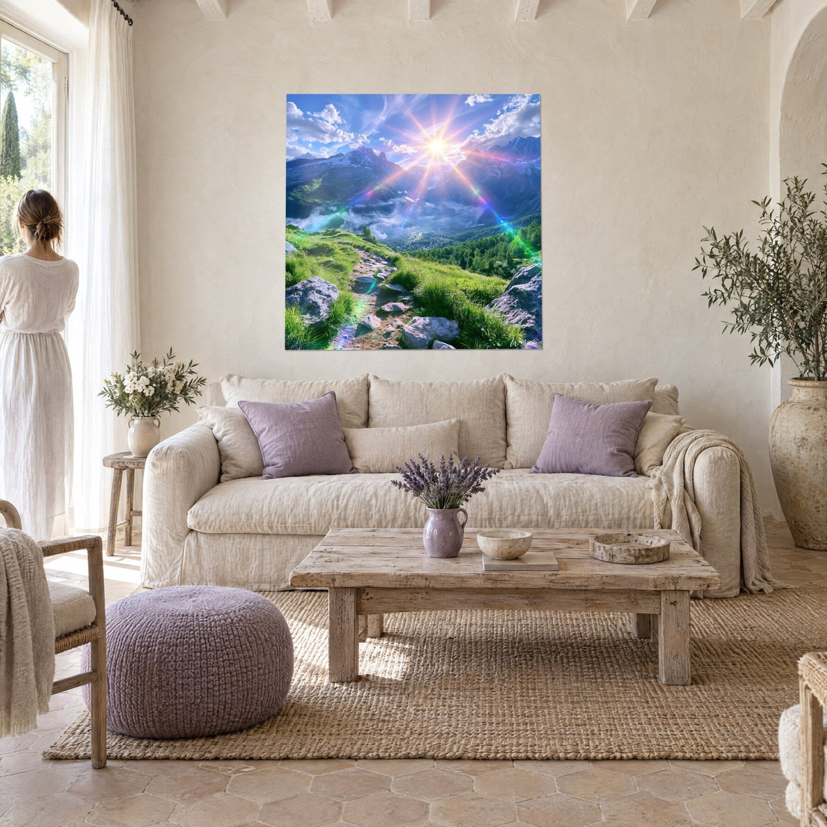Quadro sentiero di pietre verso le cime, sole stellato verde e blu, donna di spalle, sopra un divano in un soggiorno luminoso