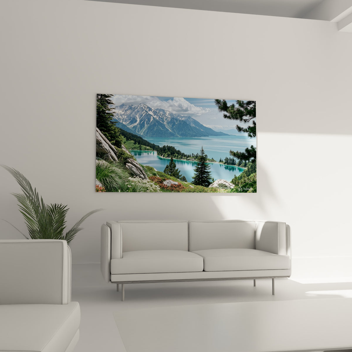 Sommets enneigés blancs dominant un lac bleu turquoise, tableau au-dessus d'un canapé dans un salon lumineux