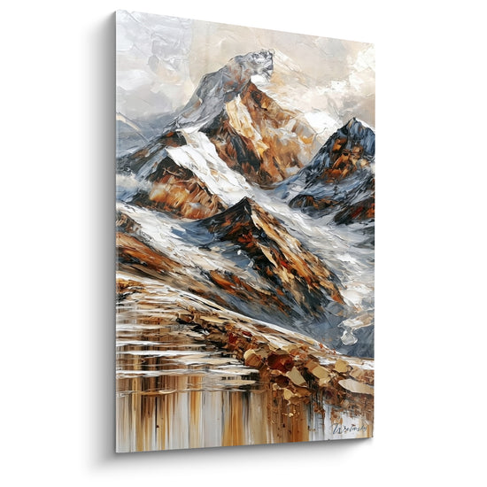 Tableau Sommet rocheux brun et gris aux reflets liquides - Texture au couteau - Edition Montagne