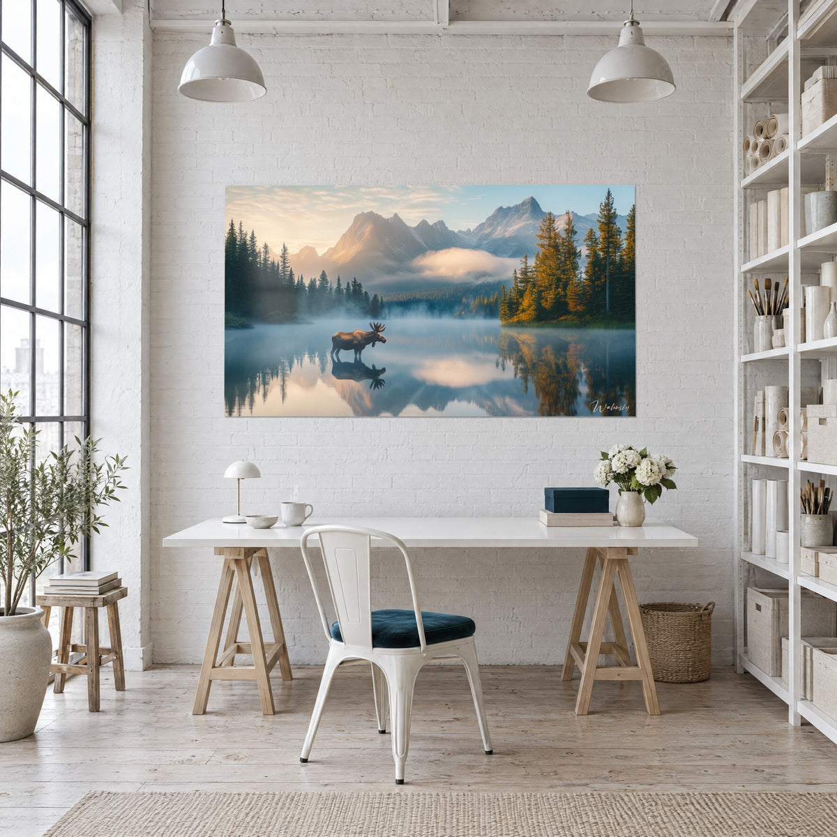Schilderij van een alpien landschap bij zonsopgang, perzikkleurige lucht en turquoise water, bruine elandsilhouet, opgehangen boven een houten bureau