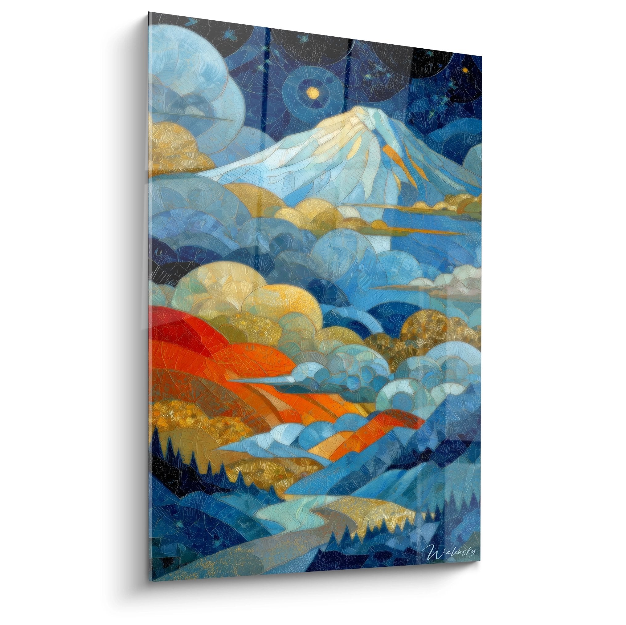 Tableau montagne stylisé art déco moderne tons bleus dorés décoration murale paysage alpin géométrique