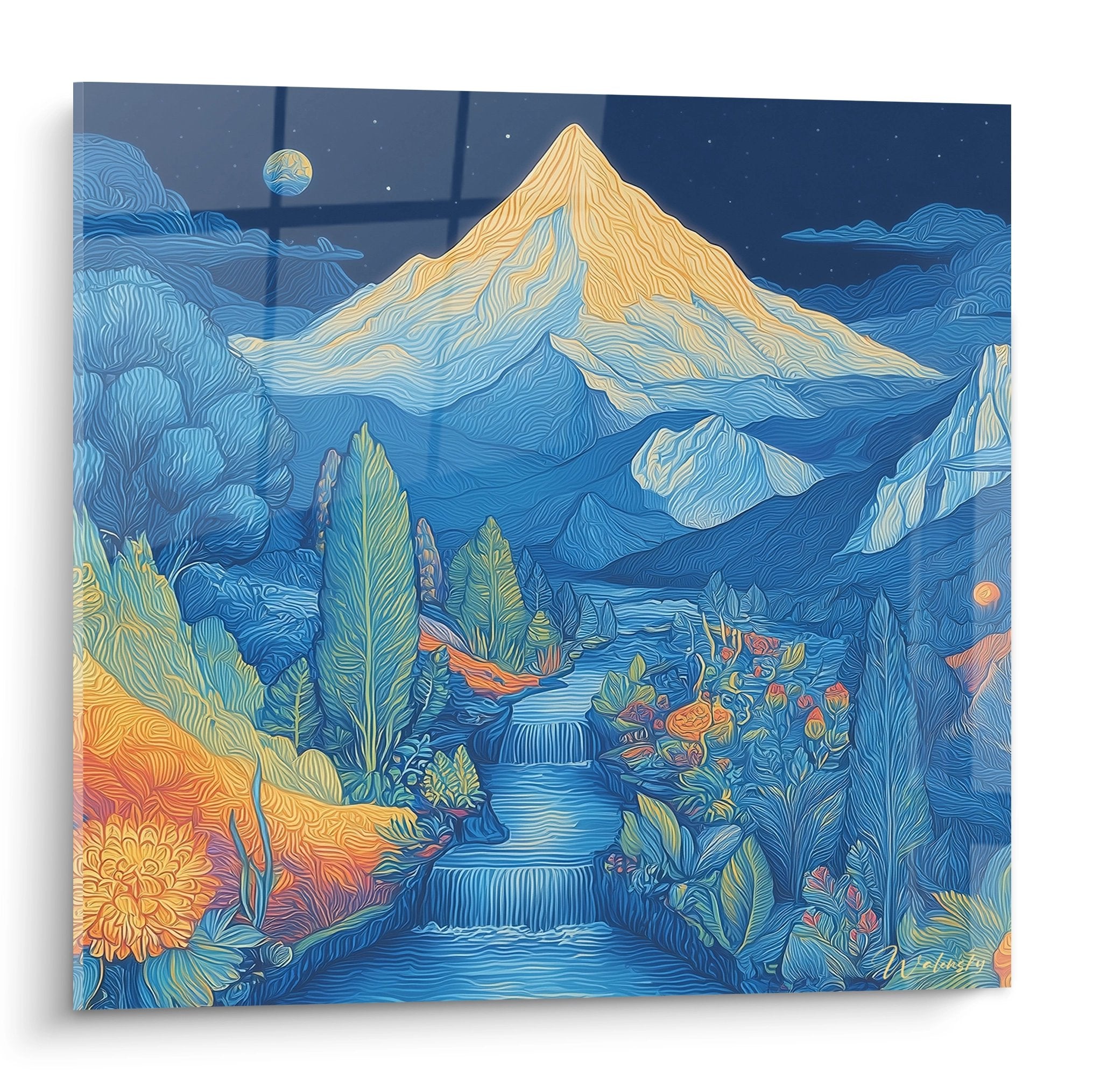 Tableau mural montagne stylisé avec cascade dorée et paysage montagneux aux lignes organiques