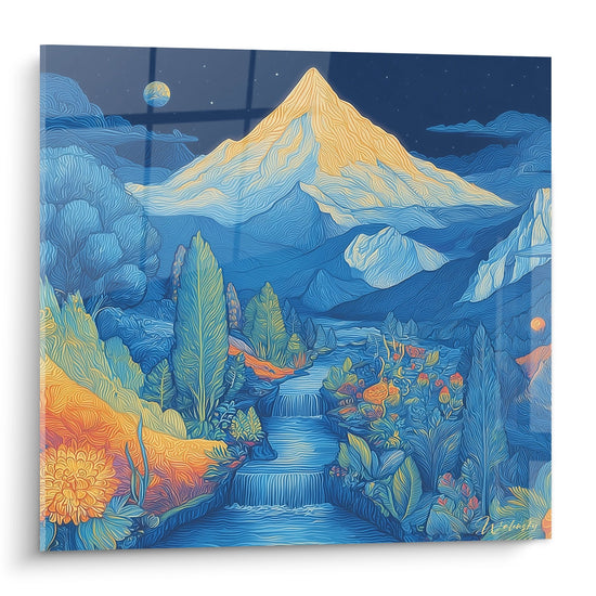 Quadro da parete montagna stilizzata con cascata dorata e paesaggio montagnoso dalle linee organiche