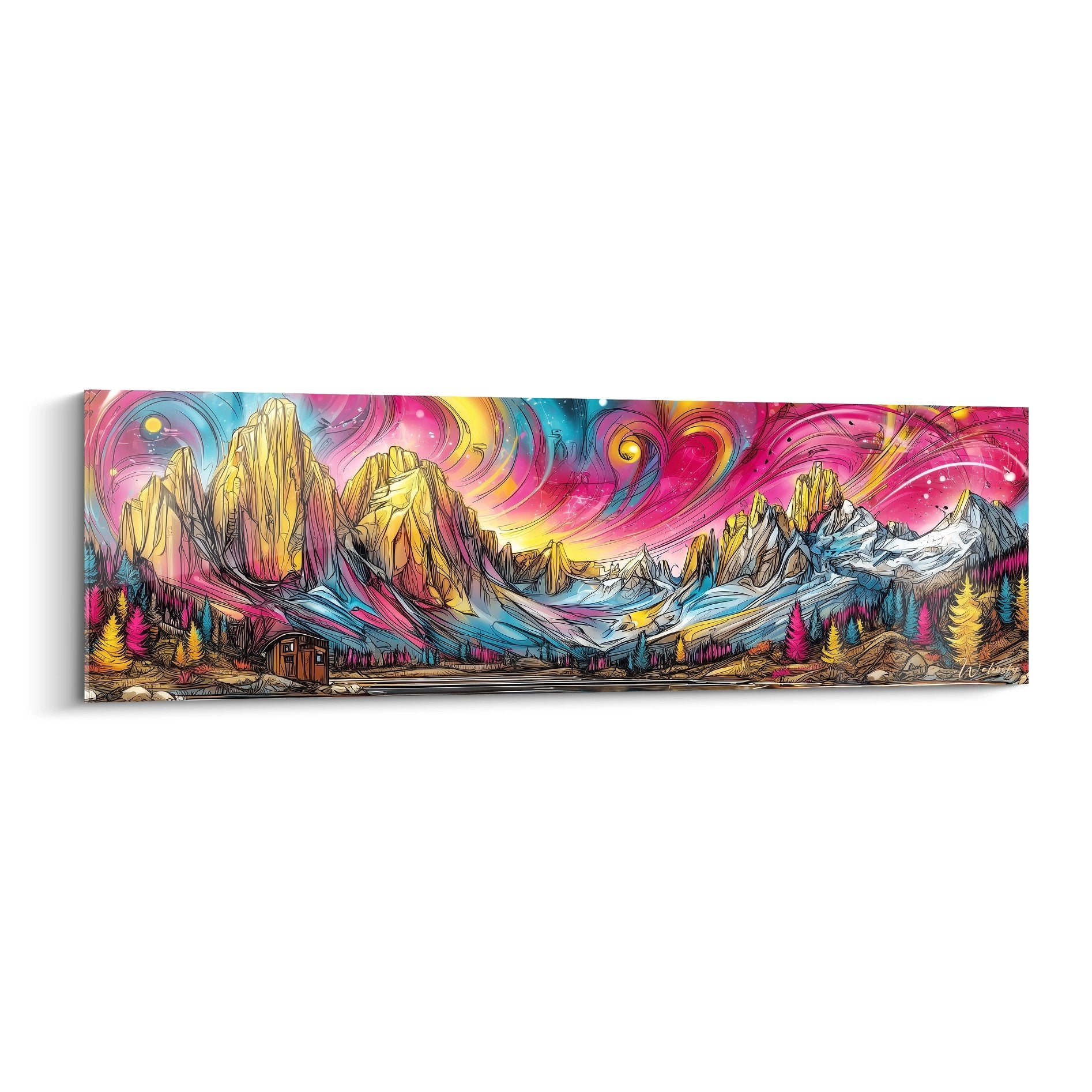 Tableau mural montagne surréaliste avec aurores colorées et paysage alpin fantastique psychédélique