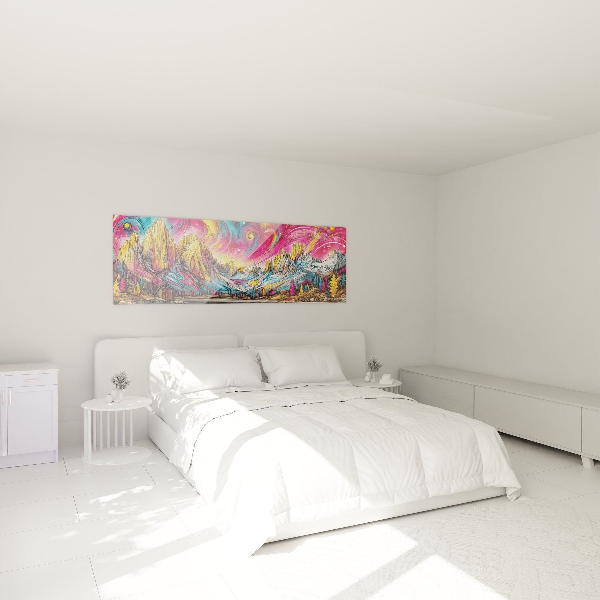 Tableau décoratif montagne surréaliste dans chambre moderne avec couleurs vives et paysage onirique