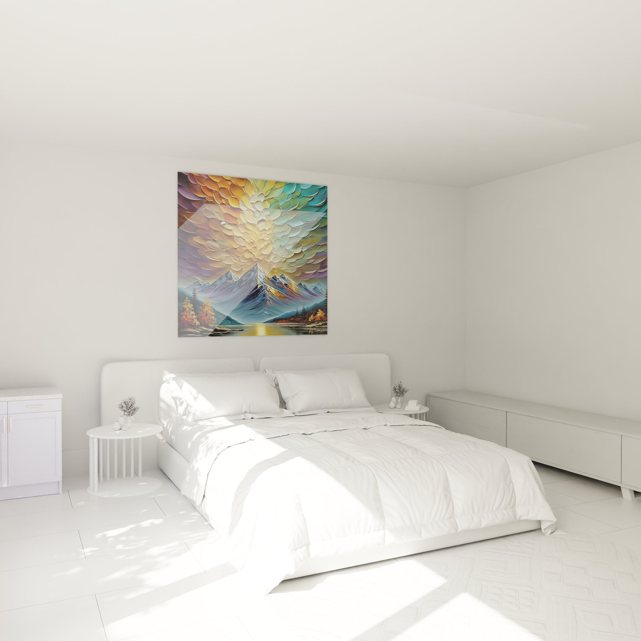 Tableau montagne tempête dorée dans décoration chambre moderne avec ambiance chaleureuse