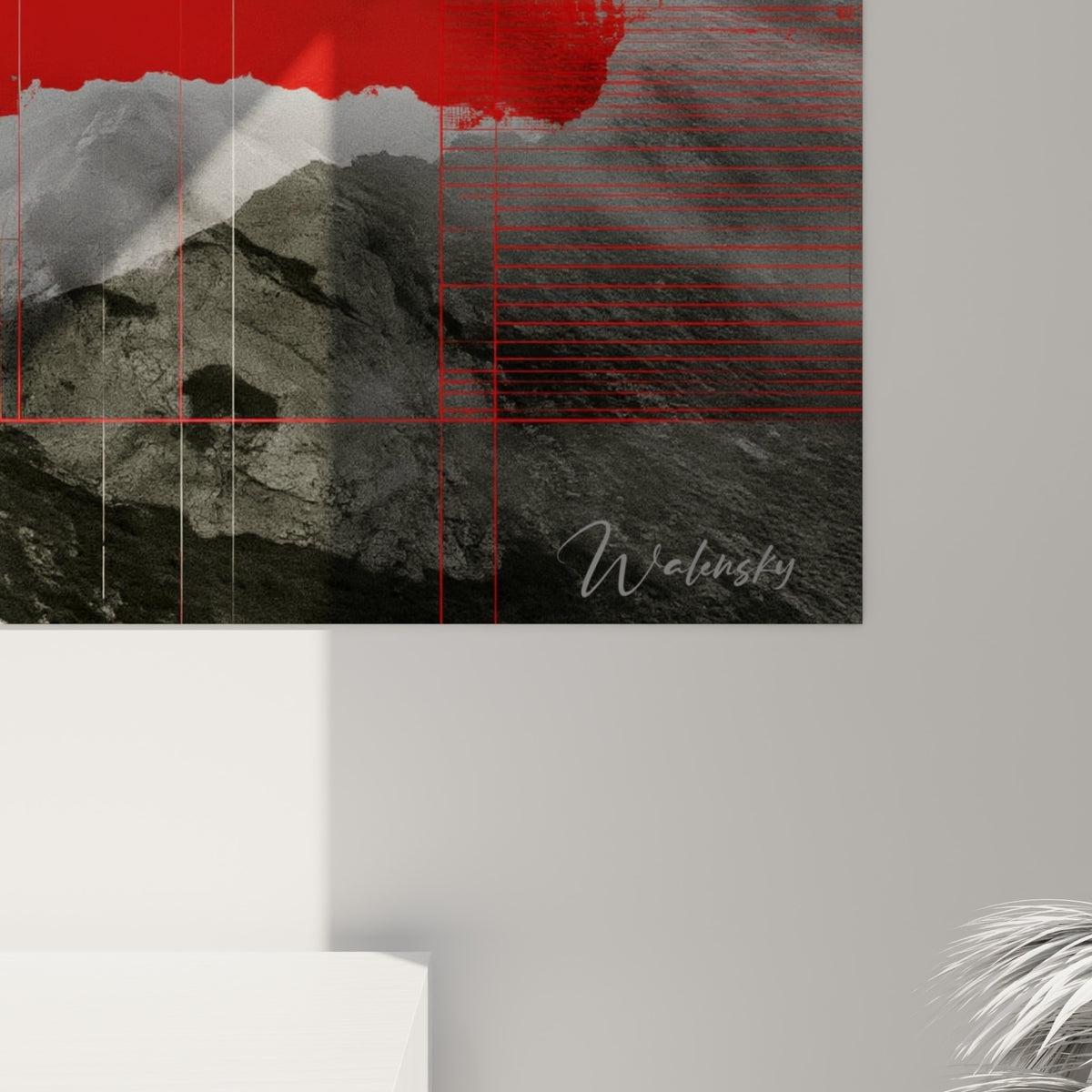Empâtements rouges et gris se mêlant en coulures nettes sur la surface texturée de la toile