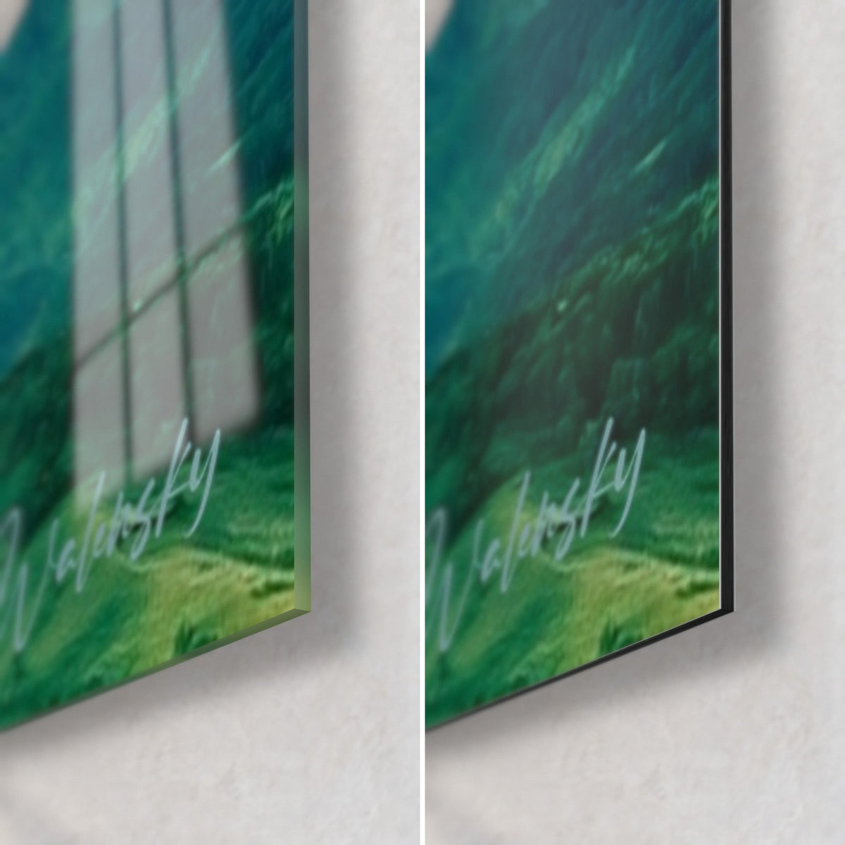 Gemälde Panorama grüner Gipfel, untere rechte Ecke: glänzendes Acrylglas links, mattes Alu-Dibond rechts, 3 mm Kante