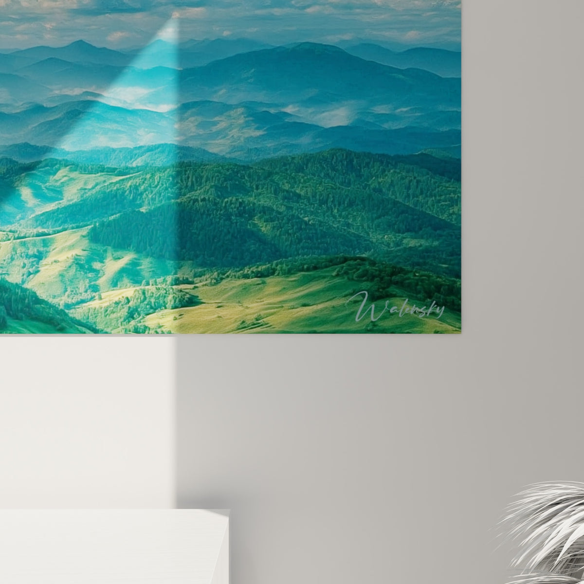 Grain et fondu des nuances vert sauge et bleu pastel visibles de près sur la toile accrochée