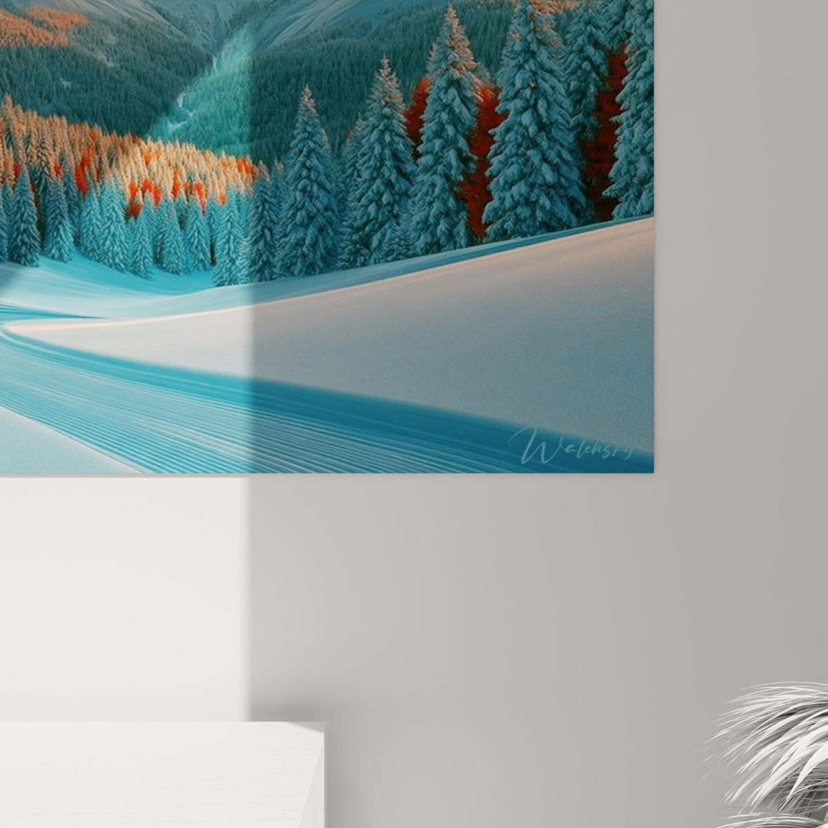 Empâtements de neige bleutée et volutes orangées du ciel visibles en gros plan sur la toile