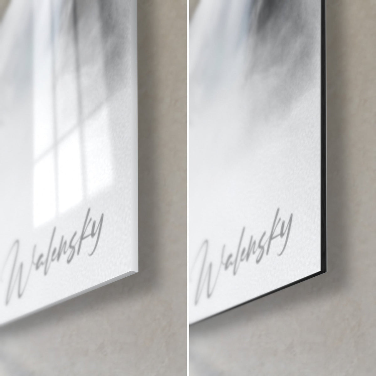Gemälde schwarz-weiße Gipfel, untere rechte Ecke: glänzendes Acrylglas links, matter Alu-Dibond rechts, 3 mm Kante